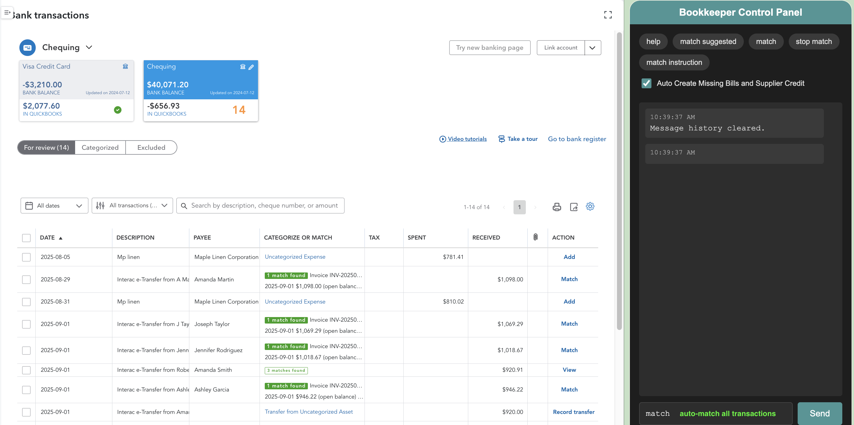 Book-keeper.ai control panel automated match